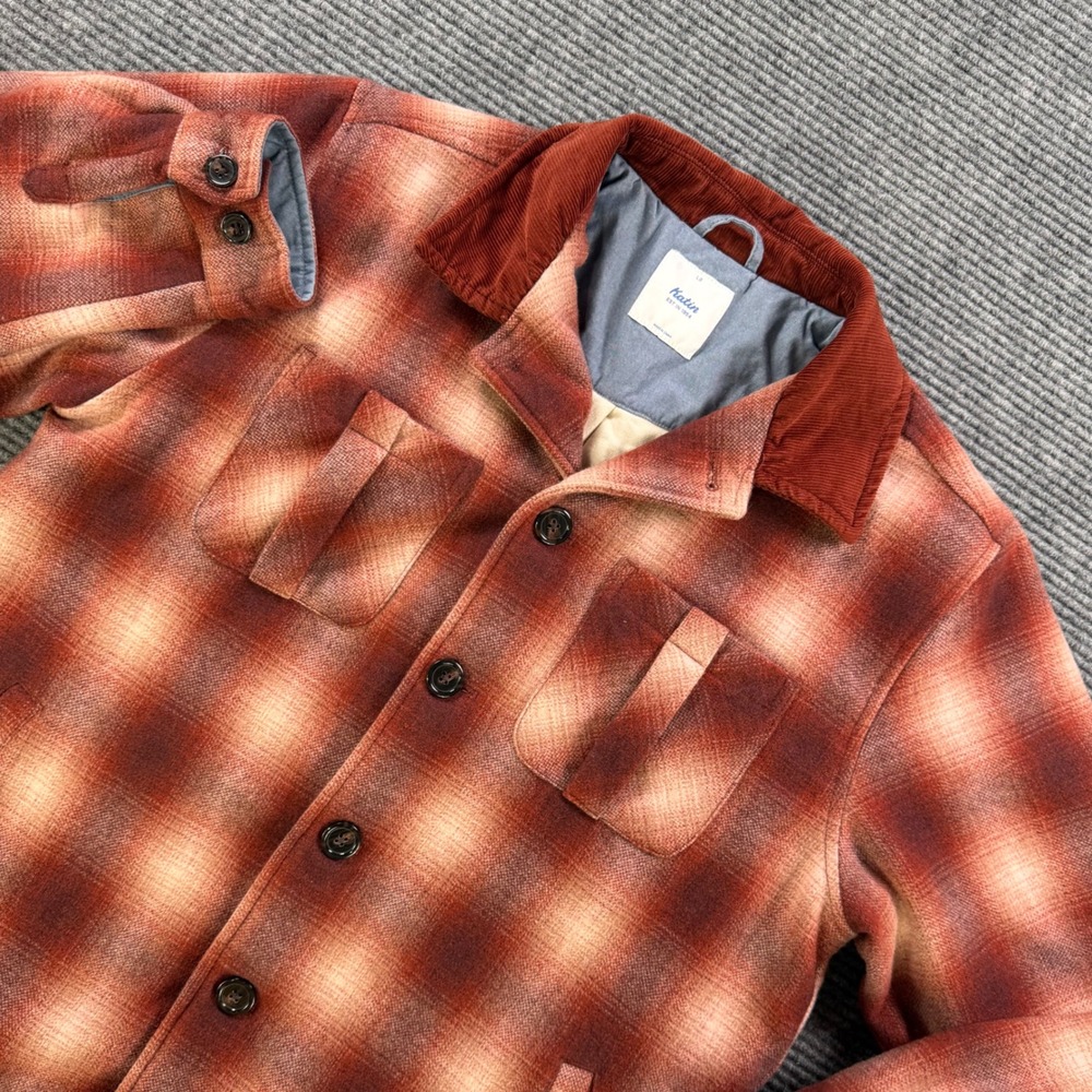 Katin Mens Large Plaid Quilted Flannel Shirt Jacket Corduroy Collar Rust Orange